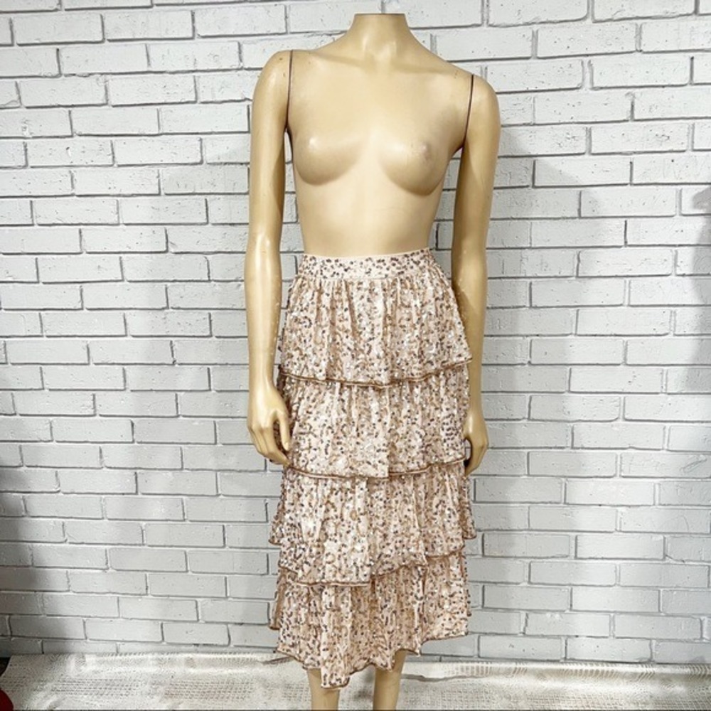Miss Selfridge Rose Gold Sequin Tiered Ruffle Midi Skirt Party Glam NWT 12